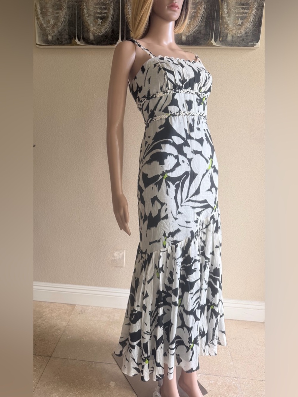 Monique Lhuillier Black & White Floral Maxi Dress with Green Accents
